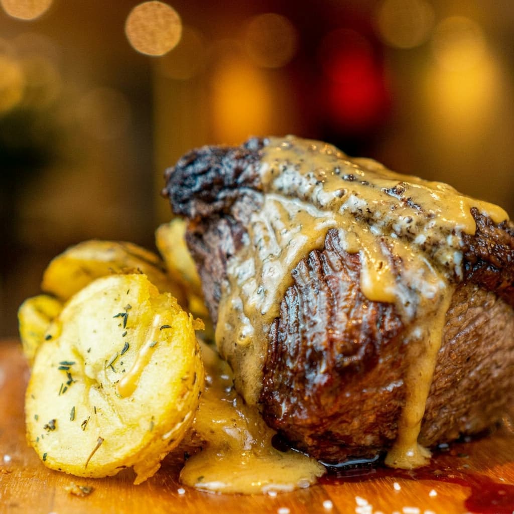 Steak and potatoes topped with melted MooShine beer cheese
